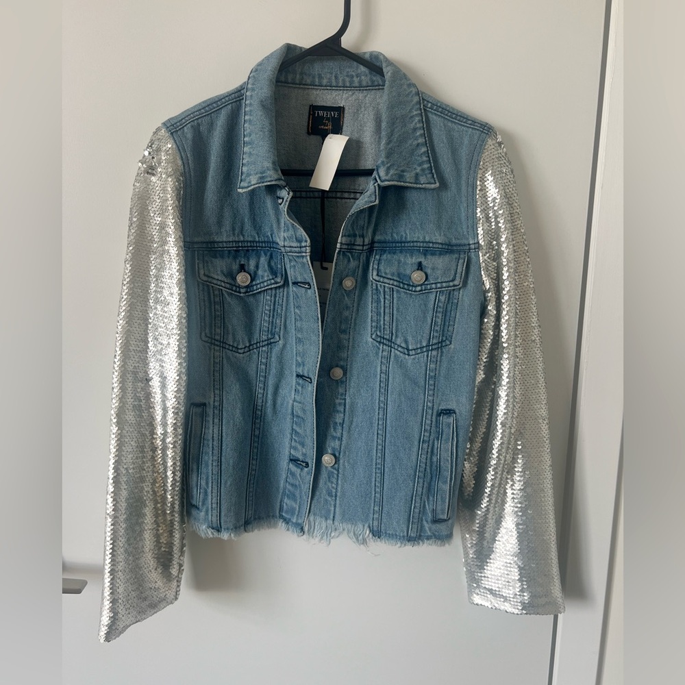 Denim jacket with silver sequin sleeves